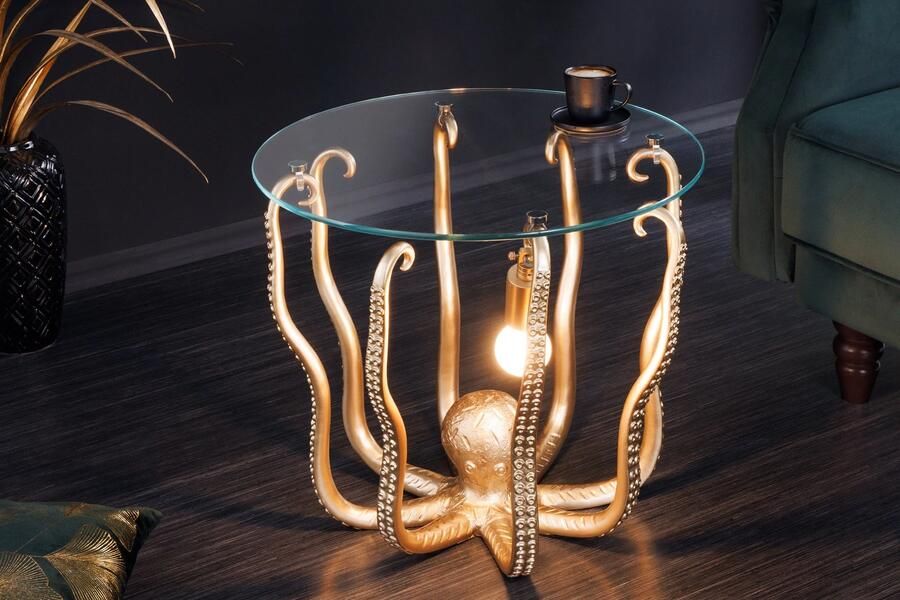 Invicta Interior Ronde bijzettafel WILDLIFE OCTOPUS 50cm goud sculptuur glas 44567