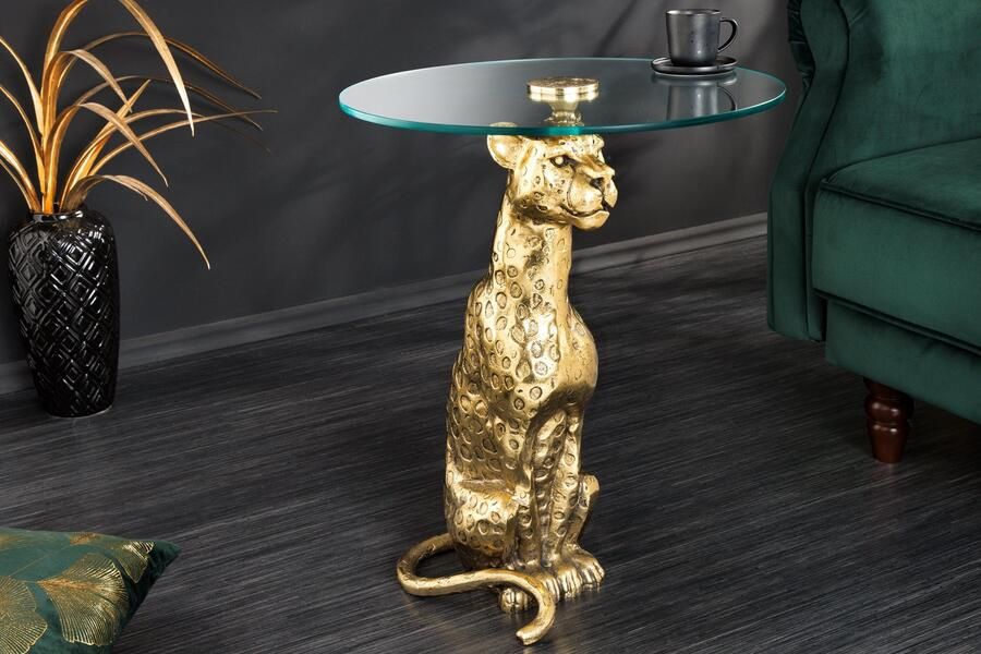 Invicta Interior Ronde bijzettafel WILDLIFE PANTHER 60cm goud antiek metalen glassculptuur handgemaakt 44825 - Foto 2
