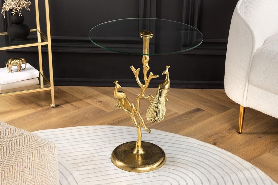 Invicta Interior Ronde bijzettafel WILDLIFE PEACOCK 60cm goud Metalen Peacock sculptuur met glazen blad 44829