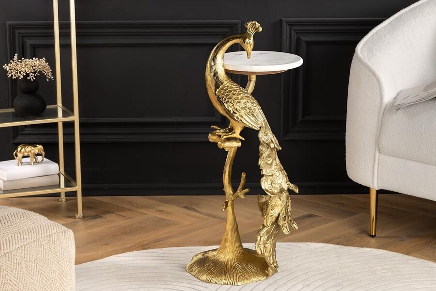 Invicta Interior Ronde bijzettafel WILDLIFE PEACOCK 75cm Goud Antiek Wit Metaal Marmeren Pauw Sculptuur 44828