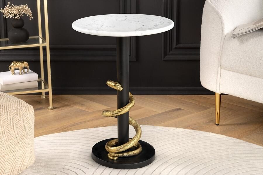 Invicta Interior Ronde bijzettafel WILDLIFE SNAKE 55cm Wit Marmer Goud Zwart Slang Sculptuur 44831