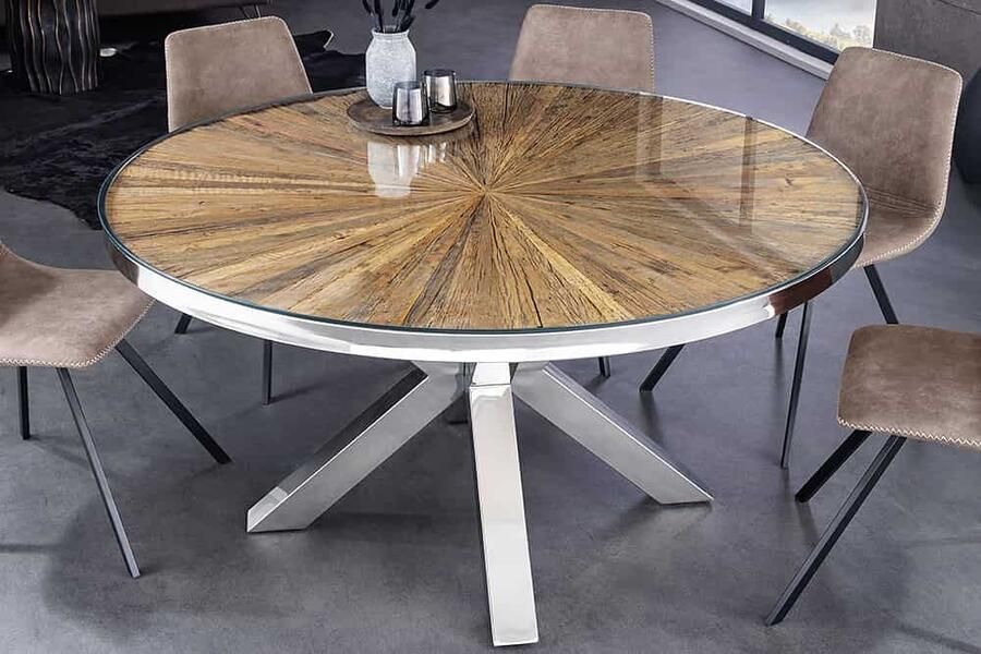 Invicta Interior Ronde eettafel BARRACUDA 120cm bruin teak massief hout glazen blad zilver roestvrij staal verchroomd 43622 - Foto 2