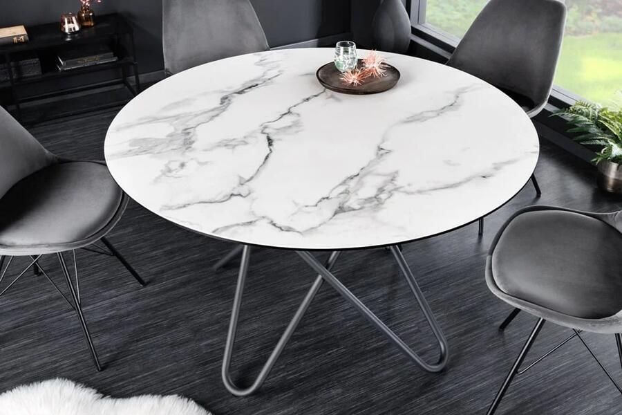 Invicta Interior Ronde eettafel ELLIPSE 120cm marmer witte keramische haarspeldpoten gemaakt in Italië 42369