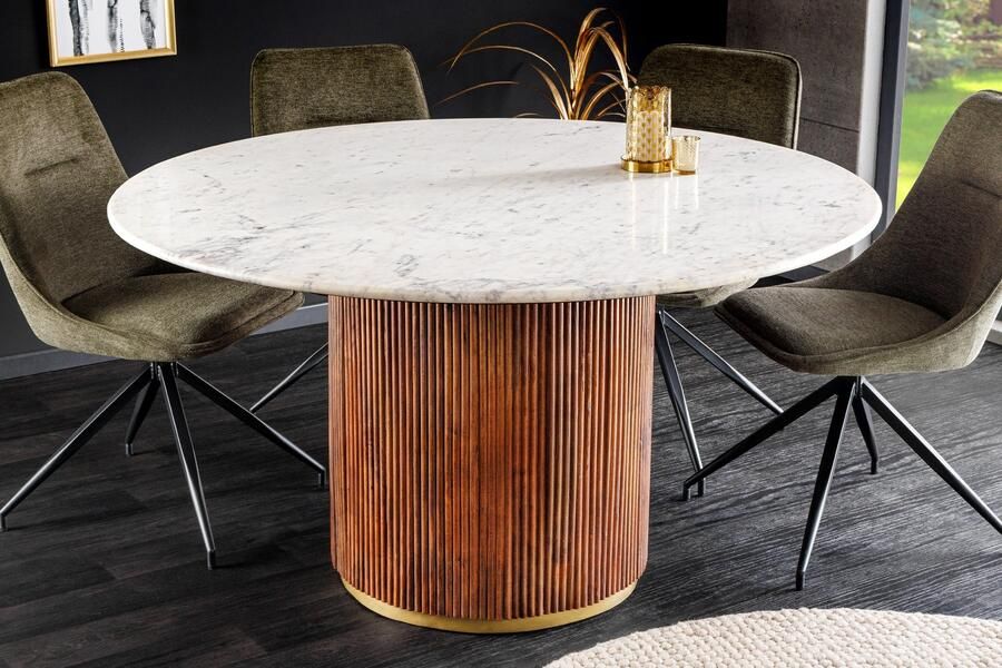 Invicta Interior Ronde eettafel GATSBY 140 cm bruin goud mangohout wit marmeren blad kolomvoet 45830