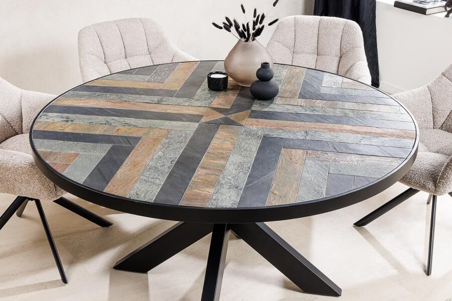 Invicta Interior Ronde eettafel MOUNTAIN SOUL 120cm zwart grijs natuursteen ijzeren sterrenframe 45672