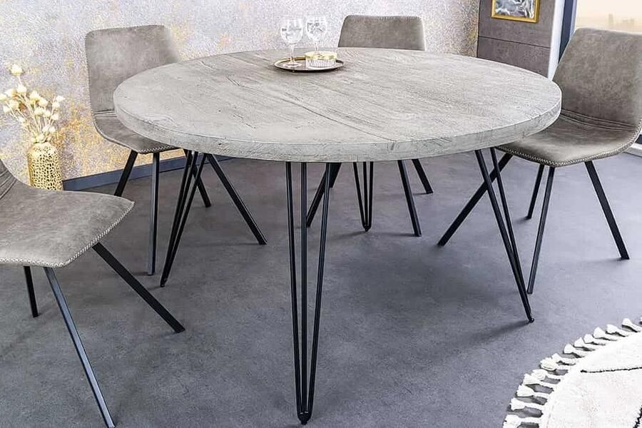 Invicta Interior Ronde eettafel SCORPION 80cm grijs mango massief hout zwarte metalen poten Hairpin Poten Retro 43663
