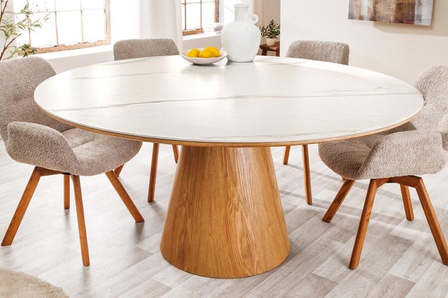 Invicta Interior Ronde eettafel UNIQUE 120 cm wit natuurlijk eiken keramiek marmeren kolomvoet 45143
