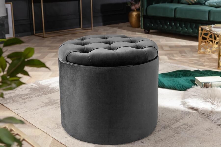 Invicta Interior Ronde kruk MODERN BAROK 50cm Grijs Fluweel met opbergruimte 44747