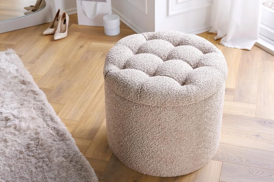Invicta Interior Ronde kruk MODERN BAROQUE 50cm champagne bouclé met opbergruimte 45066