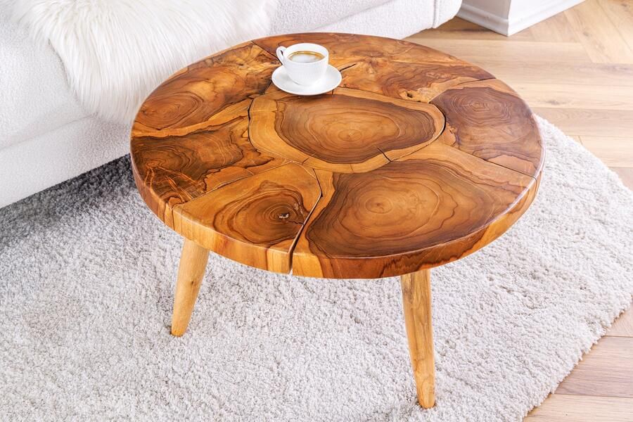 Invicta Interior Ronde massief houten salontafel MOSAIK 60cm naturel teakhouten boomstam handgemaakt 44712