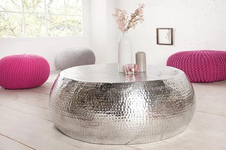 Invicta Interior Ronde salontafel ORIENT 80cm zilver metaal aluminium gehamerd ontwerp handgemaakt 38396