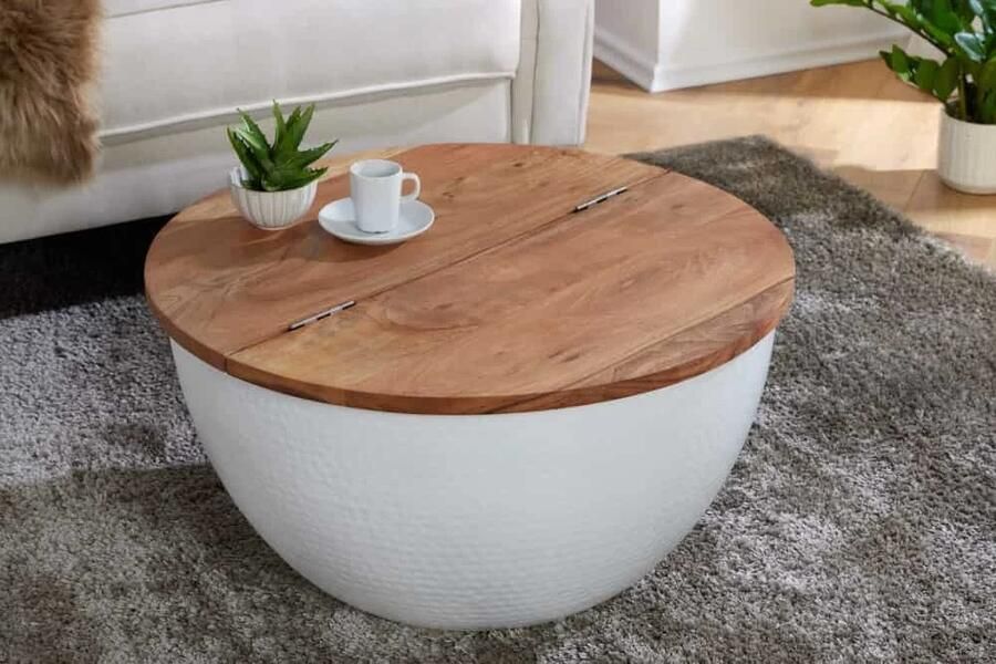 Invicta Interior Ronde salontafel ORIENT STORAGE 60cm wit acaciahout met opbergruimte Hammerschlag handgemaakt 40108