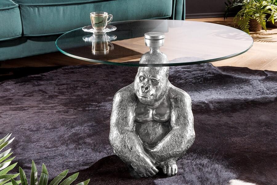 Invicta Interior Ronde salontafel WILDLIFE KONG 60cm zilver metaal glazen aap beeldje gorilla sculptuur handgemaakt 45435 - Foto 2