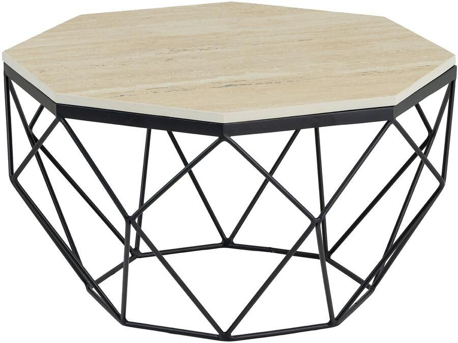 Invicta Interior Handgemaakte salontafel DIAMOND 70cm beige travertijn zwart ijzer 45205