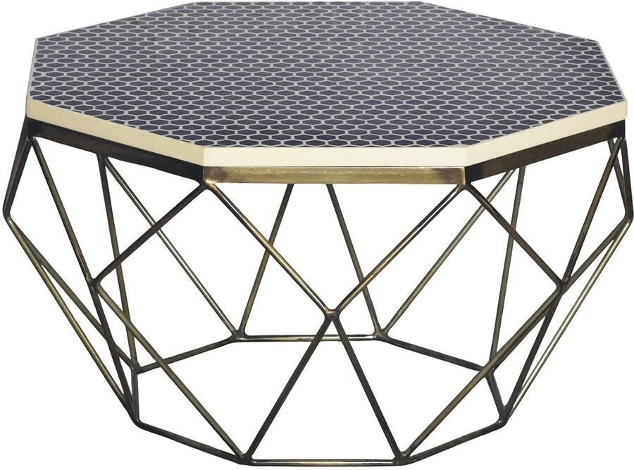 Invicta Interior Salontafel DIAMOND BONE INLAY 70cm rek ijzer messing buffelbotten tafelblad zwart wit 45215