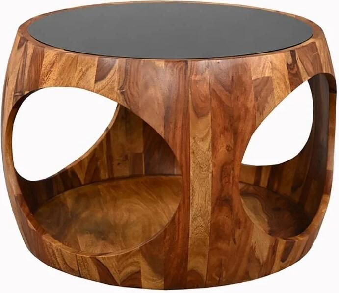Invicta Interior Salontafel ORGANIC LOOP 60cm rond met opbergruimte zwart rookglas sheesham hout bruin 48937