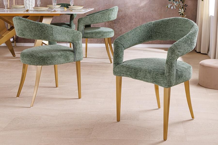 Invicta Interior Scandinavische stoel BOUTIQUE groen getextureerde stof geborsteld champagne goud metaal 45924