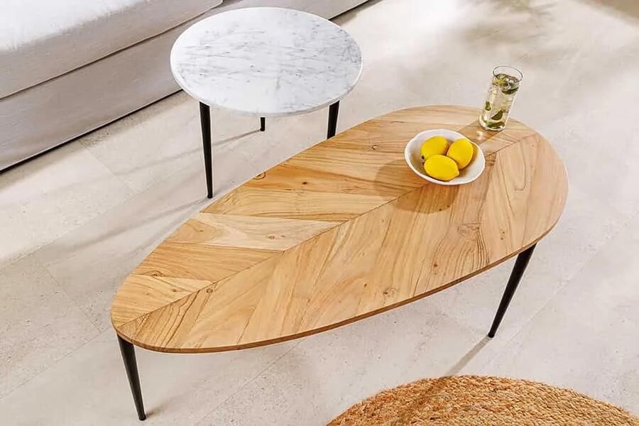 Invicta Interior Set van 2 salontafels ADLON 110 cm naturel wit acaciahout marmer zwart metaal 45187