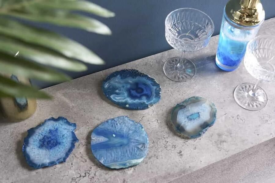 Invicta Interior Set van 4 onderzetters voor glazen COASTER 10cm blauwe edelsteen agaatkwarts handgemaakt 41556