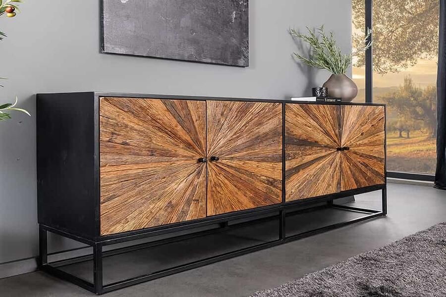 Invicta Interior Massief dressoir BARRACUDA 180cm bruin mangohout met teakhouten front zwart metaal 44987