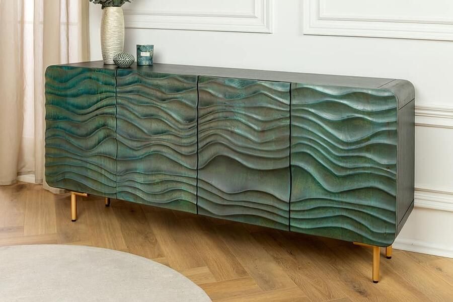 Invicta Interior Design Dressoir WAVE 160cm turquoise mangohout massief hout mat goud metalen poten 45635