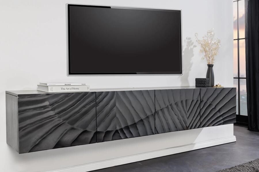 Invicta Interior Solid TV Lowboard SCORPION 200cm Zwart Hangend Mango Hout 3D Design 44526