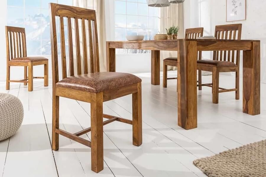 Invicta Interior Massief houten stoel MAKASSAR bruine sheesham eetkamerstoel met steenafwerking gestoffeerd 39751