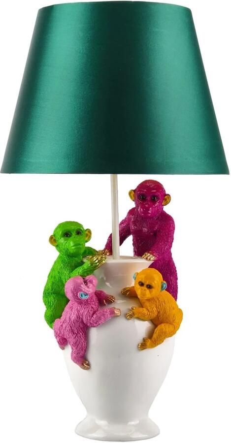 Invicta Interior Tafellamp MONKEY 55 cm met veelkleurige witgroene lampenkap 48028
