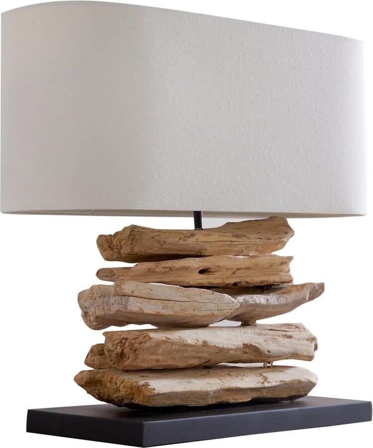 Invicta Interior Handgemaakte drijfhoutlamp RIVERINE 55 cm tafellamp met cremekleurige linnen kap 36786 - Foto 2