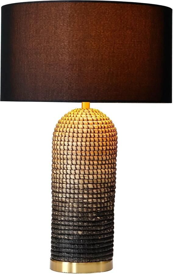 Invicta Interior Tafellamp ZEA 60cm met kleurverloop van zeegras naturel bruin en goud inclusief lampenkap van ruw linnen in zwart. 46651