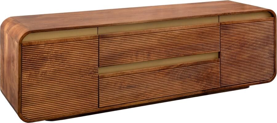 Invicta Interior TV-Meubel MONZA 160cm met kabelmanagement geribbelde voorkant afgeronde hoeken bruin mangohout gouden details 48835