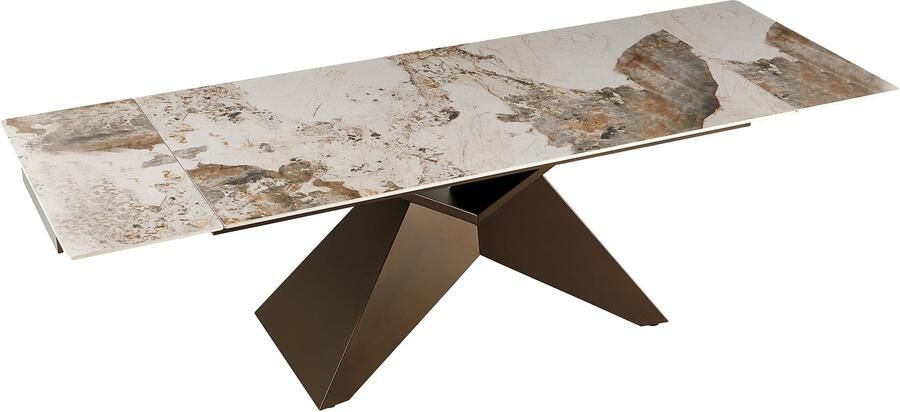 Invicta Interior Uitschuifbare eettafel DIAMOND 180-260cm pandora keramiek wit bruin met geometrische bronzen ijzeren voet 49273