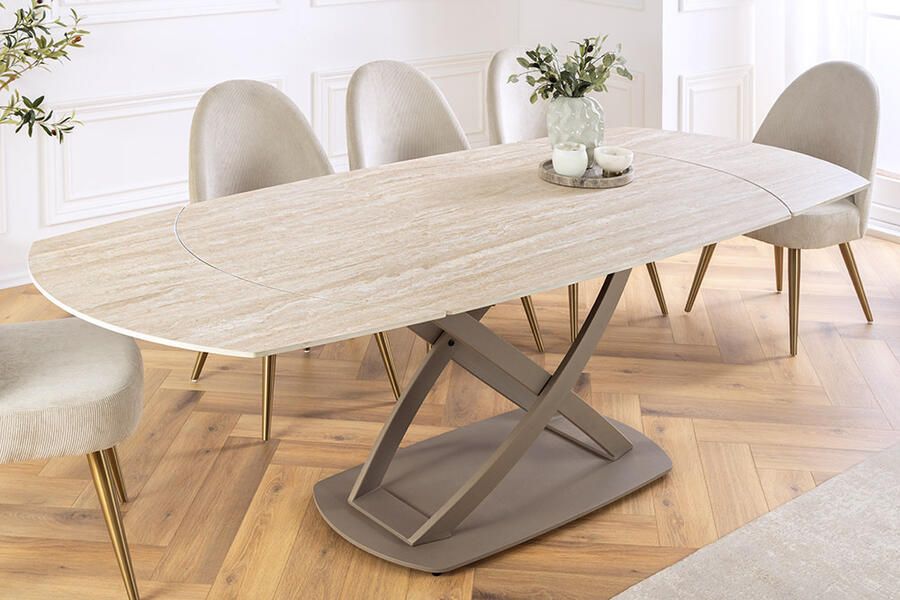Invicta Interior Uitschuifbare eettafel INCEPTION 130-190cm ovaal travertijn keramiek champagne greige 46426