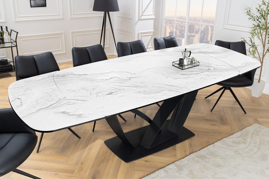 Invicta Interior Uitschuifbare eettafel PAPILLON 180-260cm wit keramiek marmer zwart metaal 45177