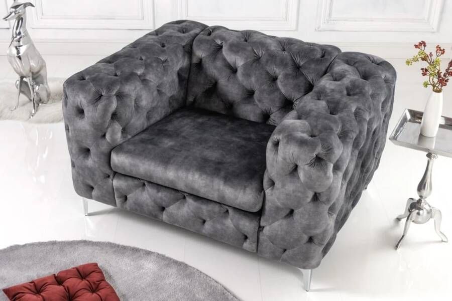 Invicta Interior Design Chesterfield fauteuil MODERN BAROQUE 120cm donkergrijs fluweel 41297