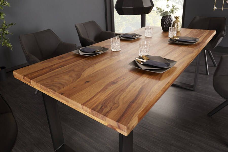 Invicta Interior Massief houten eettafel IRON CRAFT 180cm naturel zwarte Sheesham steenafwerking Industrieel Design 39869