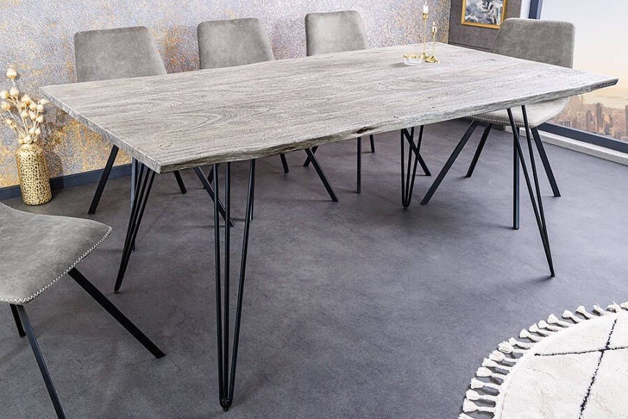 Invicta Interior Massief houten eettafel SCORPION 140cm grijze acaciaboomrand zwarte metalen poten haarspeldpoten 43665