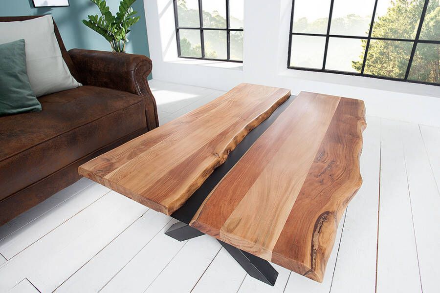 Invicta Interior Massief houten salontafel AMAZONAS 105cm acacia zwart metalen X-frame boomrand levende rand 43712