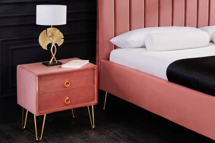 Invicta Interior Design nachtkastje PEARL 50cm oudroze goud fluwelen haarspeldpoten lades 41021
