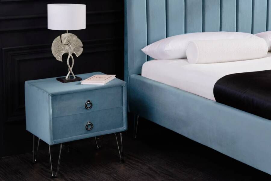 Invicta Interior Design nachtkastje PEARL 50cm aquamarijn fluwelen haarspeldpoten lades 41020 - Foto 1