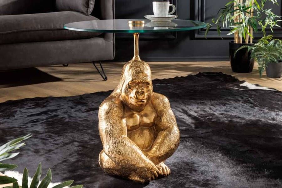 Invicta Interior Ronde bijzettafel KONG 50cm goudkleurig metalen glazen aapfiguur gorilla sculptuur 43203