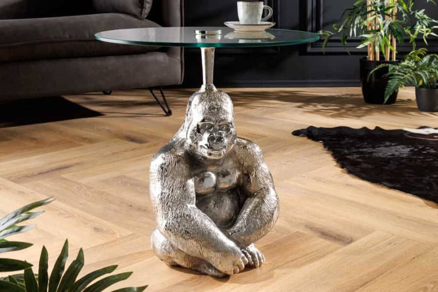Invicta Interior Ronde bijzettafel KONG 50cm zilverkleurig metalen glazen aapfiguur gorilla sculptuur 43204