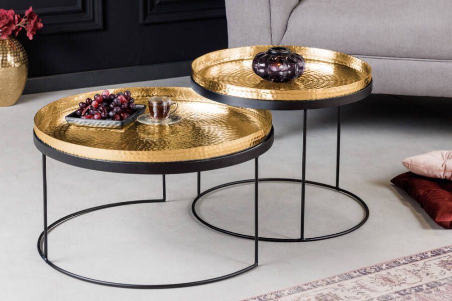 Invicta Interior Set van 2 ronde salontafels ELEMENTS Ã˜60cm goud zwart metalen dienblad tafel bijzettafel handgemaakt 42730