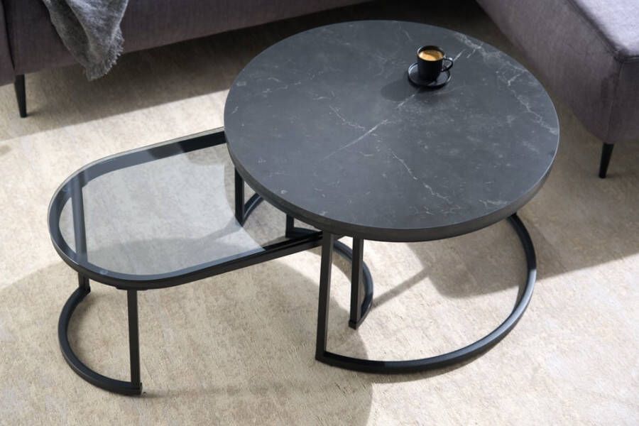 Invicta Interior Design salontafel set van 2 ELEGANCE 70cm zwart grijs marmer metalen frame 43641