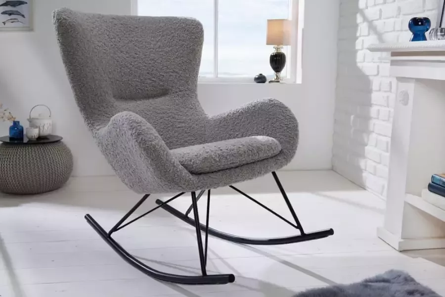 Invicta Interior Design schommelstoel SCANDINAVIA SWING lichtgrijs Bouclé fauteuil zwart metaal 43140 - Foto 1
