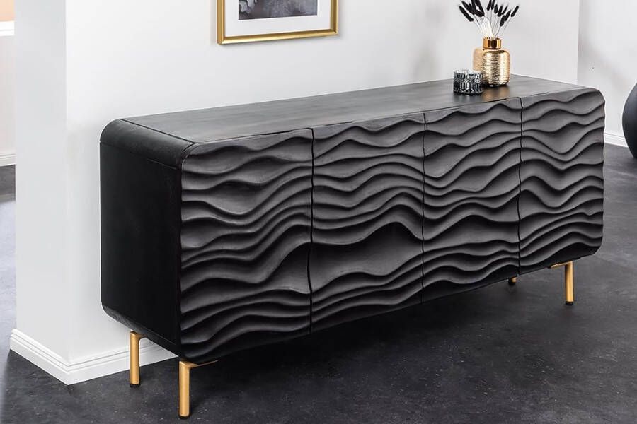 Invicta Interior Design dressoir WAVE 160cm zwart mat goud mango massief hout 43476 - Foto 1