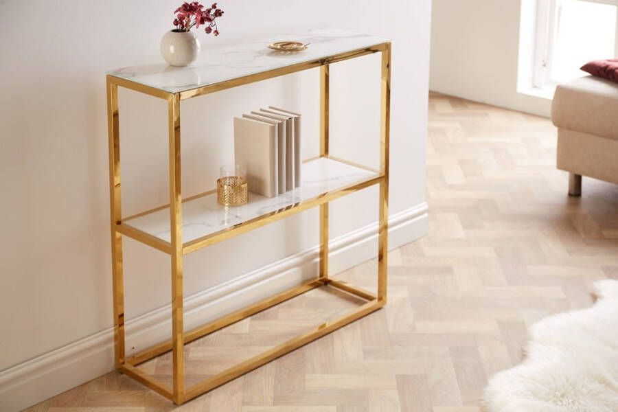 Invicta Interior Elegante consoletafel BOUTIQUE 80cm wit kristalglas met marmeren decor gouden frame met twee planken 42169