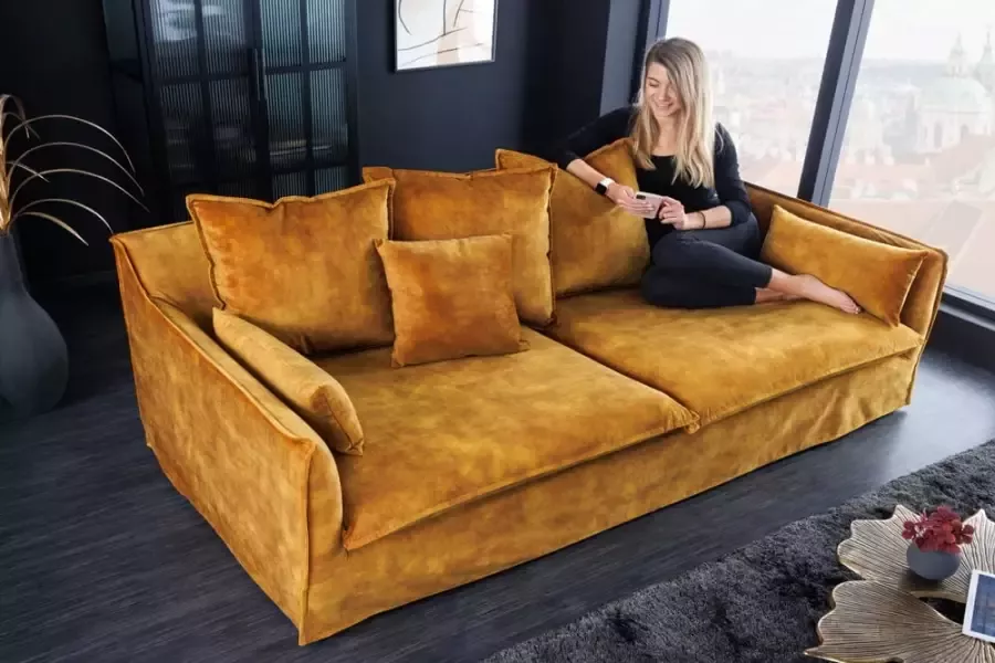 Invicta Interior Sofa Heaven 3-zits 210cm mosterdgeel fluweel 40831