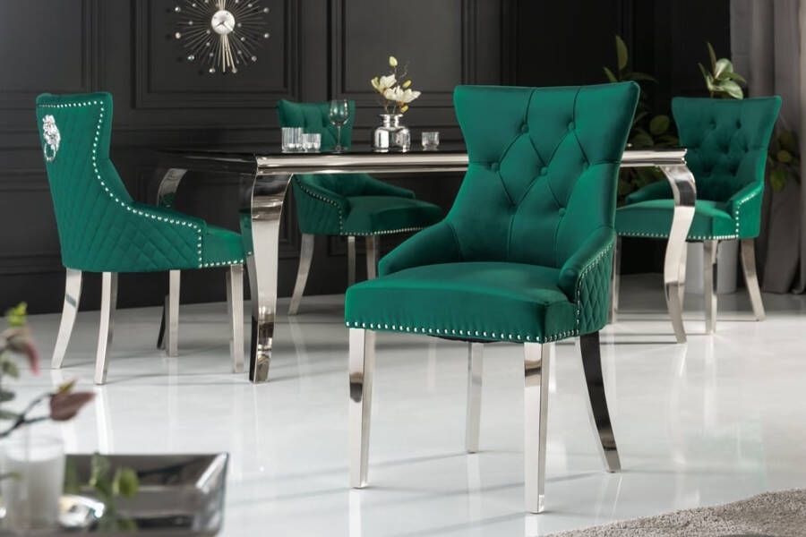 Invicta Interior Barokke stoel CASTLE DELUXE smaragdgroen fluwelen roestvrijstalen leeuwenkop 43280 - Foto 1