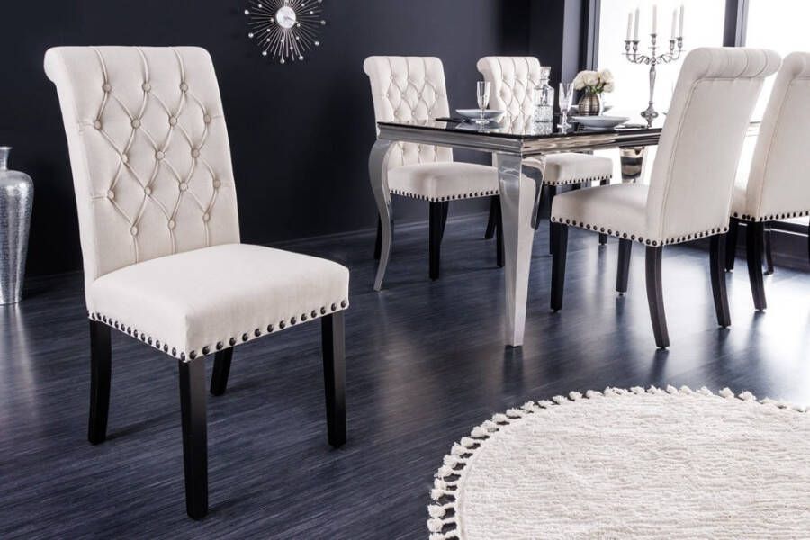 Invicta Interior Design stoel CASTLE beige zwart structuurmateriaal houten poten Chesterfield 43215